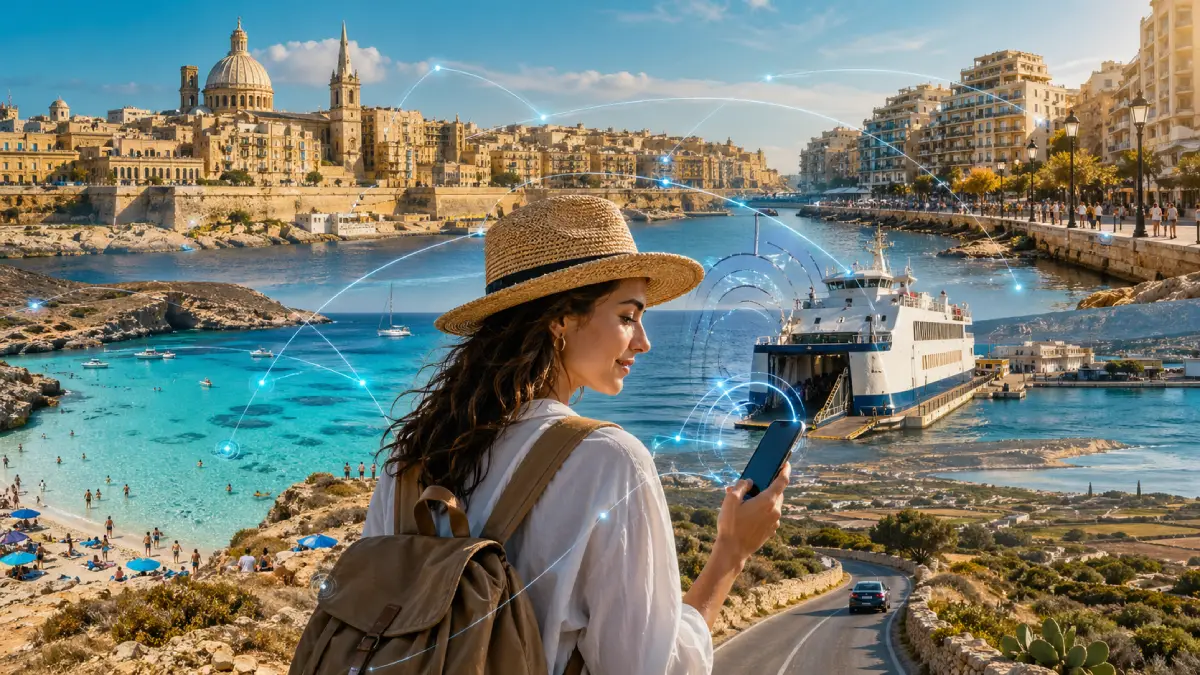 Malta mobile coverage concept showing connectivity across Valletta, beaches, ferry routes, and Gozo.