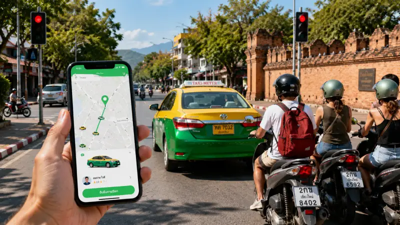 A first-person view holding a phone with a ride-sharing app, looking at taxis and scooters at a sunny intersection.