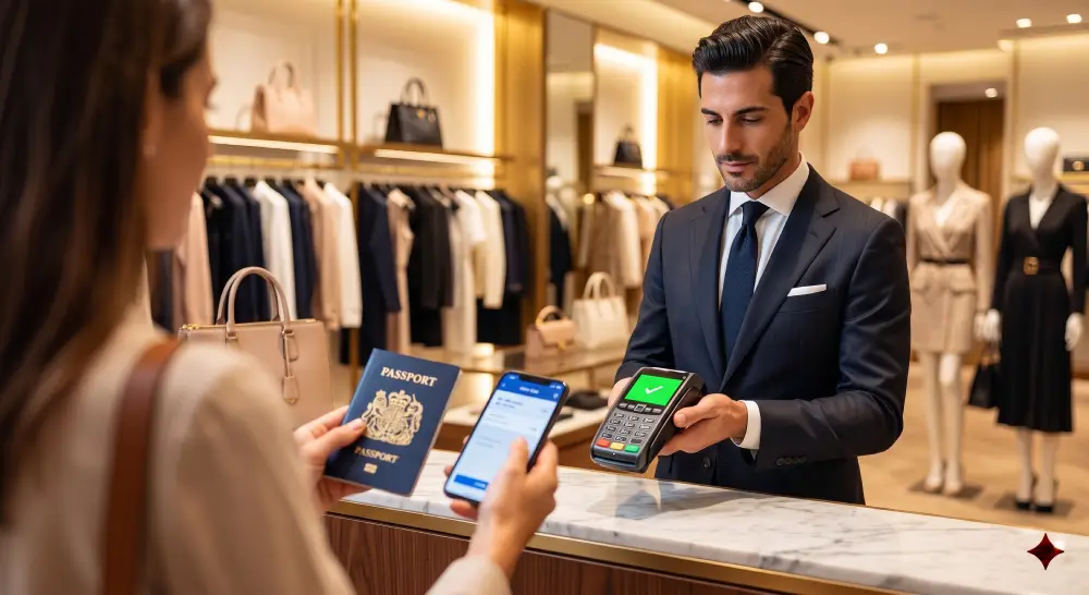 A tourist handing a passport to an Italian boutique cashier to process a digital OTELLO tax-free form.