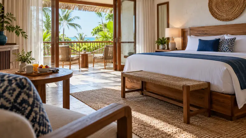 Canc&uacute;n hotel room with a double bed, breakfast tray and balcony overlooking tropical greenery.