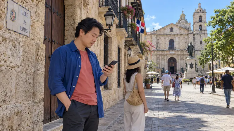 Ein Reisender prüft ein Smartphone, während er die kolonialen Straßen nahe dem Parque Colón in Santo Domingo erkundet.
