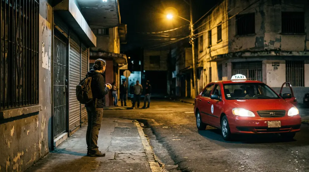 A moody photograph of a sketchy street in San Jose, Costa Rica at night, highlighting the importance of using official taxis in red zones.