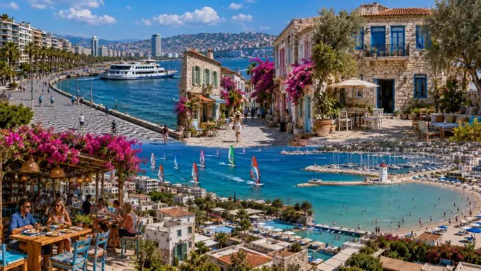 İzmir waterfront, Alaçatı stone streets, Çeşme beaches, windsurfing, cafés, and colorful bougainvillea.