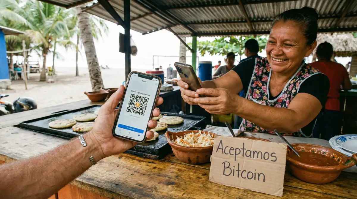 A traveler using Bitcoin on their smartphone to pay a local vendor for food in El Salvador.