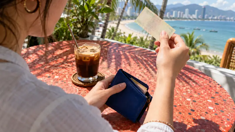 Tampilan dekat seorang pelancong memeriksa selembar uang kertas di atas dompet biru di sebuah kafe Nha Trang yang penuh warna.