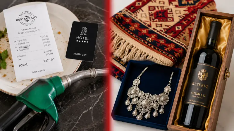 Side-by-side comparison of eligible shopping items like rugs and jewelry versus non-eligible service items like meals for Albanian tax refund.
