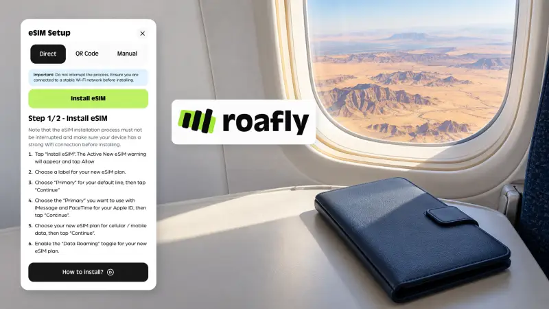 Editorial composite of an airplane-window travel scene with Roafly’s logo and genuine eSIM installation screen.