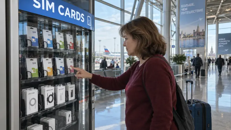 Scène illustrative d’un aéroport russe montrant un voyageur examinant des packs de démarrage SIM dans un distributeur automatique.