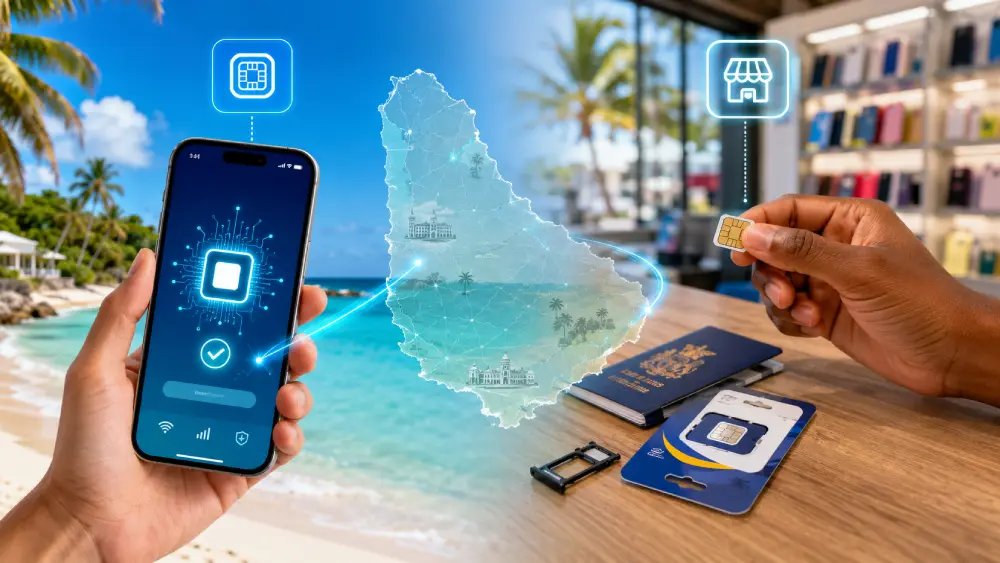 Split visual comparing eSIM and local SIM card options for travelers in Barbados.