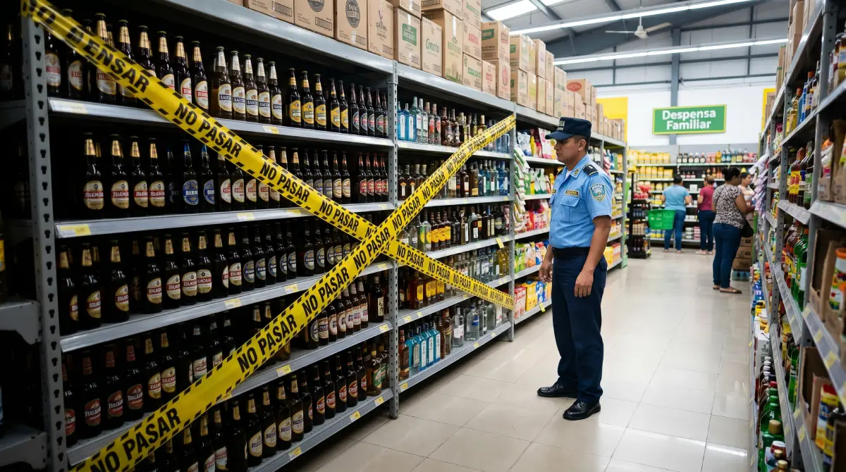 A photo from a supermarket in Honduras shows the alcohol section cordoned off with yellow and black police tape due to Ley Seca (Dry Law).