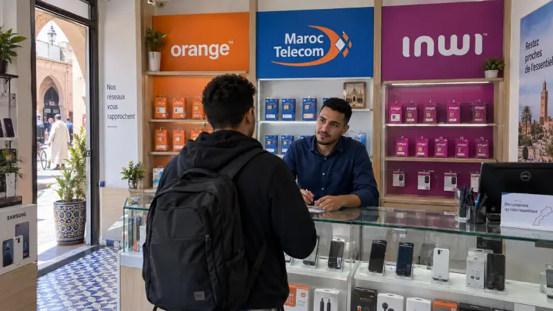 Moroccan mobile retailer displaying separate Orange, Maroc Telecom and inwi SIM selections behind a glass counter.