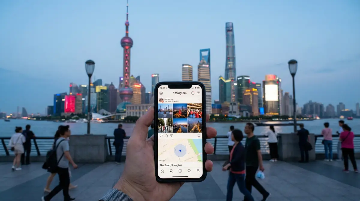 A tourist using a blocked app like Instagram on their phone while overlooking the Shanghai skyline, showing connectivity.