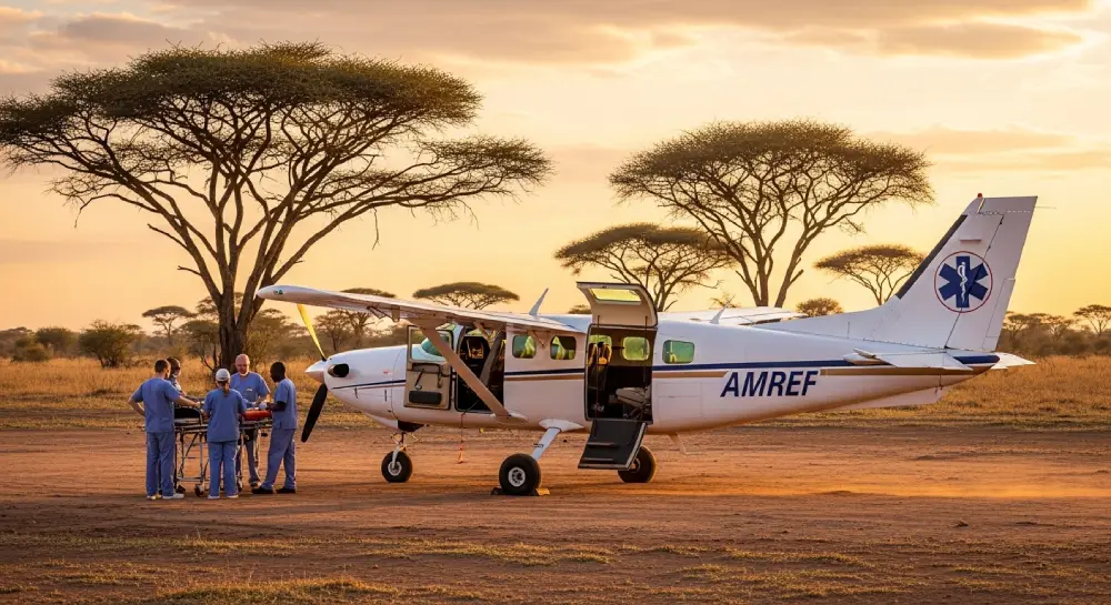 一架医疗撤离飞机停在马赛马拉草原上的一条土跑道上,强调了在肯尼亚的健康安全。