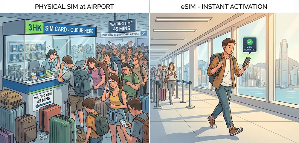 eSIMs remove the need for physical SIM cards and airport registration.