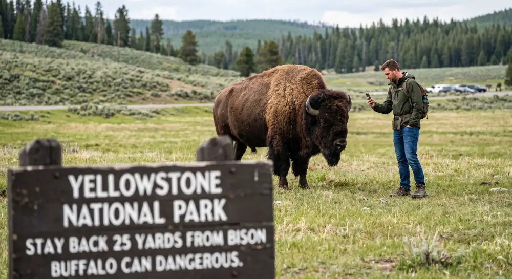 국립공원에서 야생 비손에 가까이 다가가 스마트폰 사진을 찍으려는 관광객.