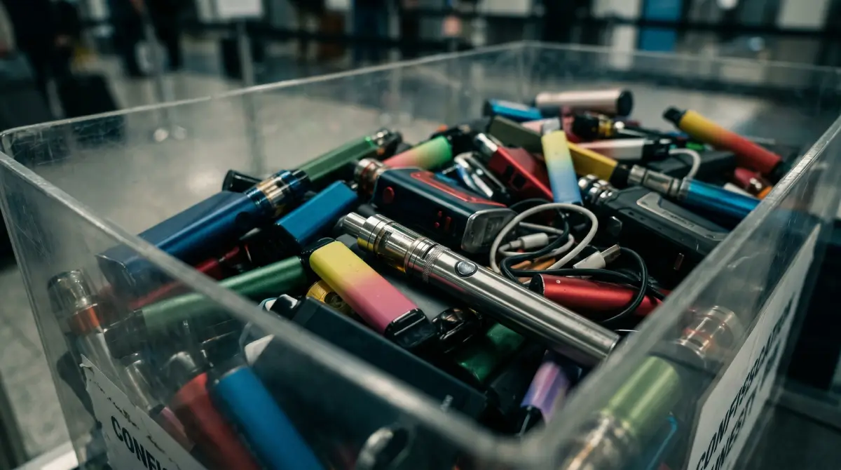 Confiscated electronic cigarettes in an airport security bin.
