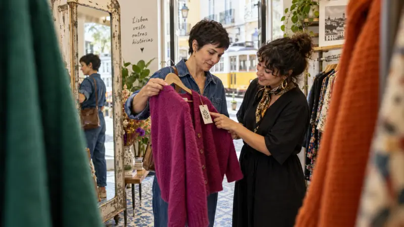 Une cliente et une vendeuse examinent un cardigan à côté d’un portant de vêtements dans une boutique lisboète colorée.