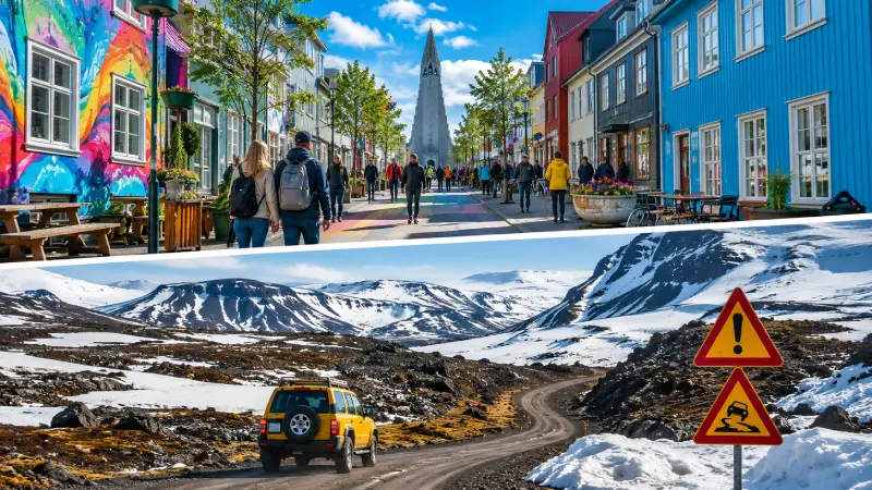 A split view showing a peaceful Reykjavik street and a stormy highland F-road.