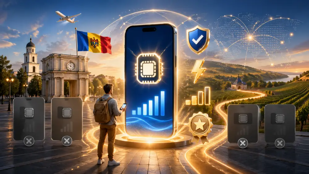 Digital illustration highlighting a strong-value Moldova eSIM with symbols for price, reliability, and easy setup.