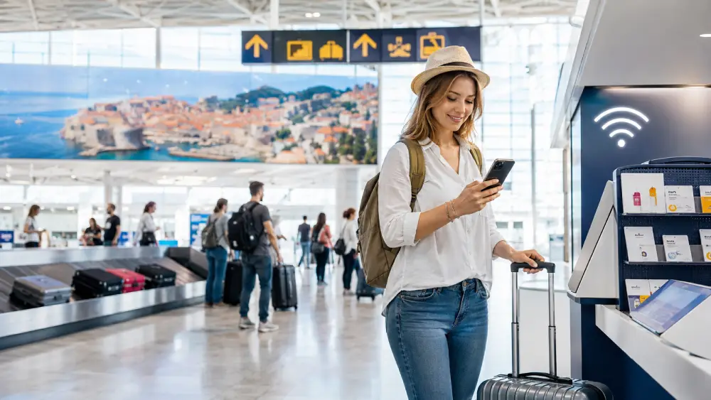 Traveler buying a SIM card at a Croatian airport arrivals area.