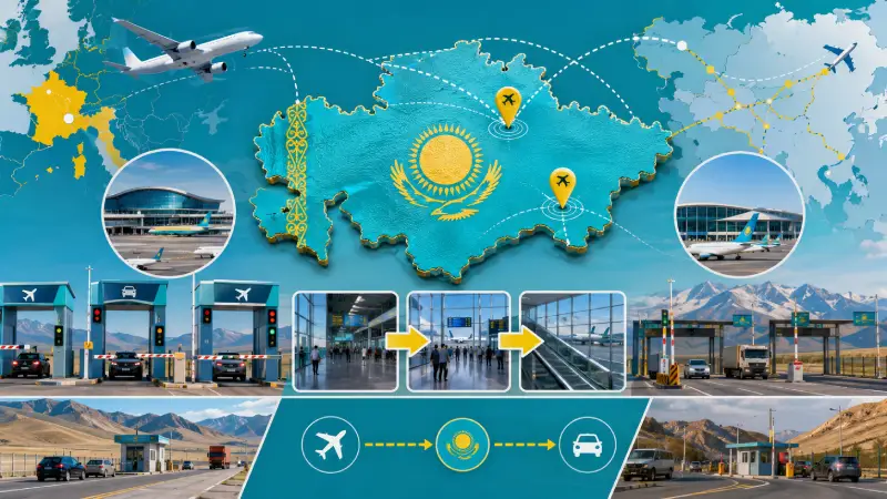A map and airport composition showing different arrival routes into Kazakhstan from inside and outside the EAEU.