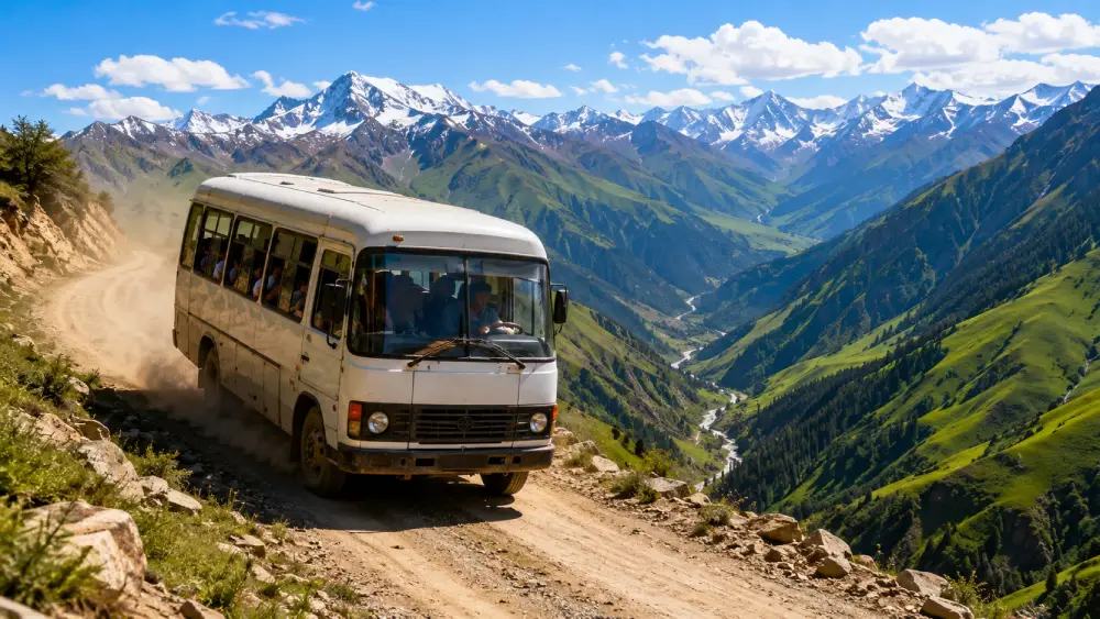 traditional white marshrutka minibus navigating a scenic but dusty mountain road in Kyrgyzstan.