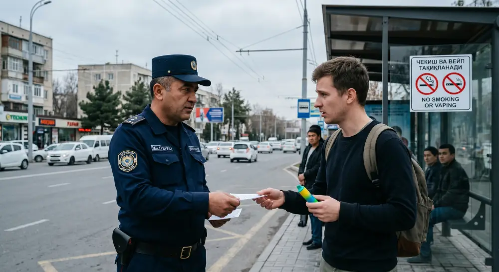 An Uzbek police officer writing a fine for a tourist holding a vape pen near a no-smoking sign at a bus stop
