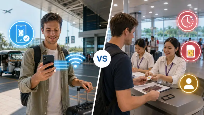 Traveler comparing instant eSIM activation with buying and registering a physical SIM at a Cambodian airport.