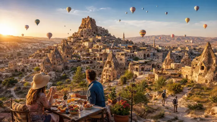 Cappadocia cave hotels, fairy chimneys, Uçhisar Castle, hiking valleys, and hot-air balloons at sunrise.