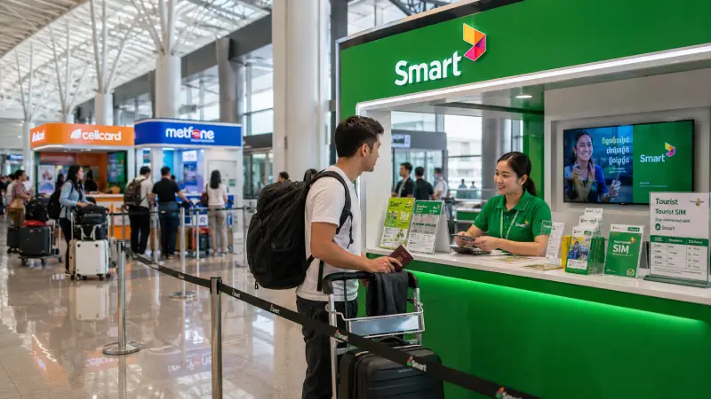 Traveler buying a tourist SIM card at an airport arrivals telecom booth in Cambodia.