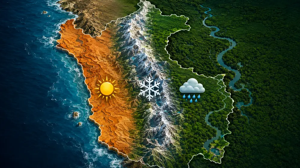 Eine künstlerische topografische Kartenillustration, die die Wüstenküste Perus, die rauen Anden und den dichten Amazonas-Regenwald zeigt, unterteilt in drei Regionen und gefüllt mit Wetter-Icons.