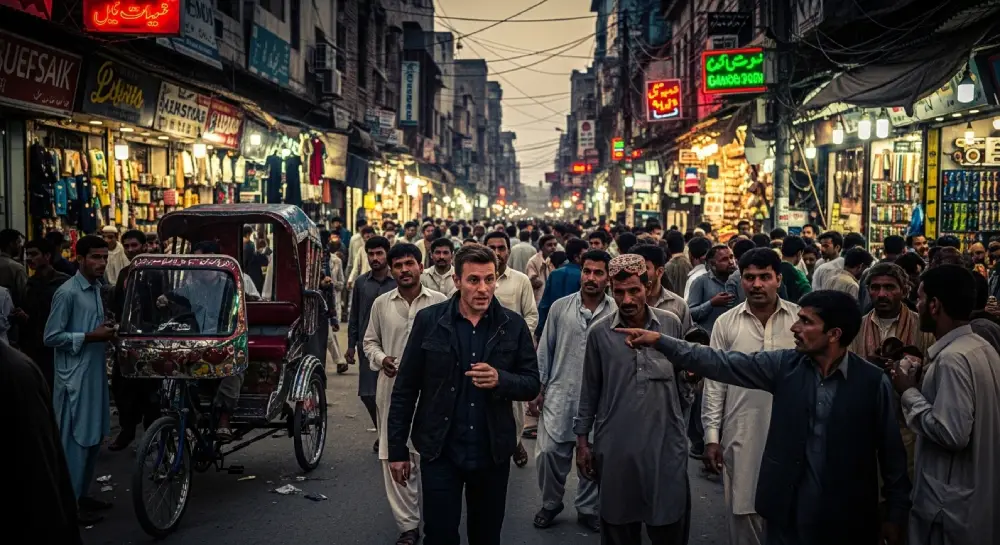 一张生动的照片，展示了在巴基斯坦拉合尔混乱的集市中街头诈骗和外国人麻烦的风险。