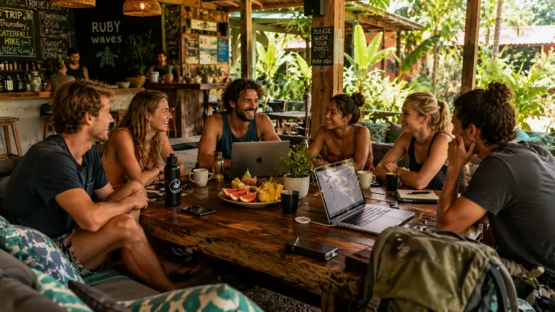 A warm, candid photograph of diverse travelers connecting and co-working in a brightly lit, communal hostel space, showing the social environment.