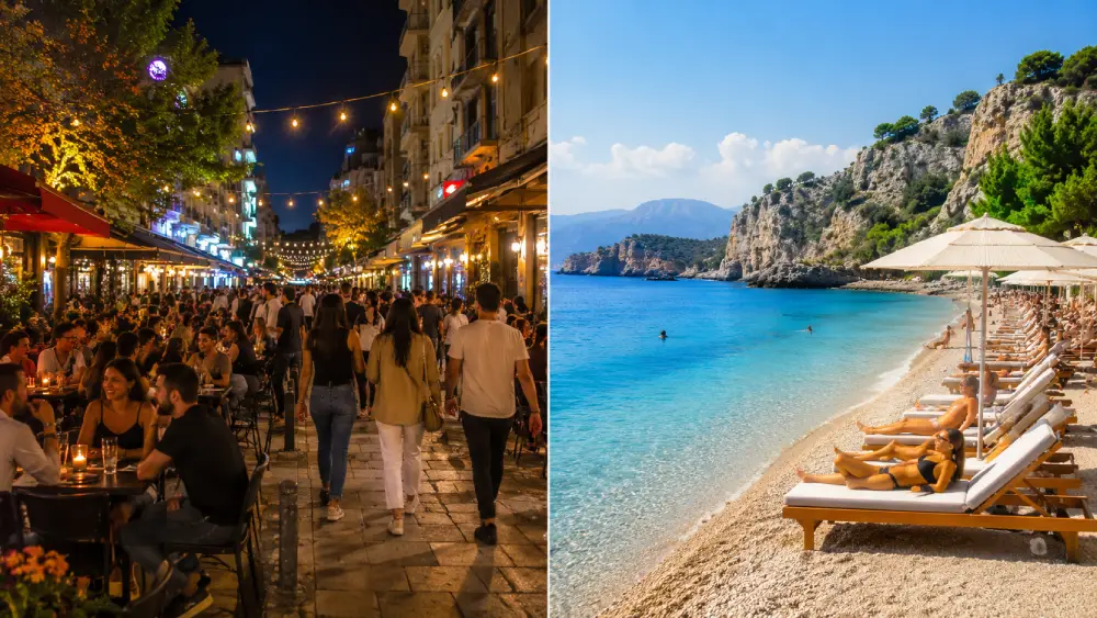 Podzielony obraz kontrastujący żywą, ale bezpieczną nocną scenę uliczną w Kadık&ouml;y, Istanbul, z spokojnym, cichym kurortem plażowym w Antalyi w ciągu dnia.
