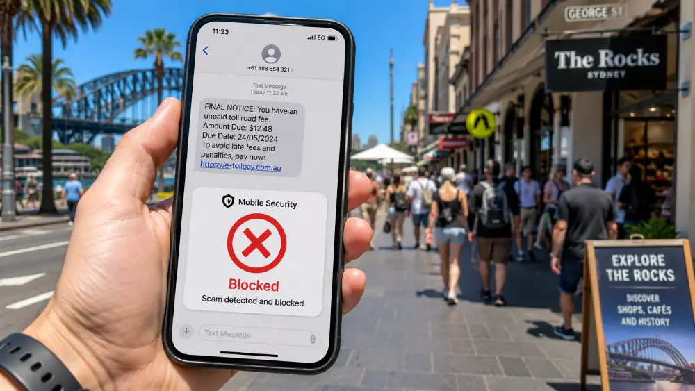 A close-up of a phone screen showing a blocked SMS scam targeting tourists in Australia.