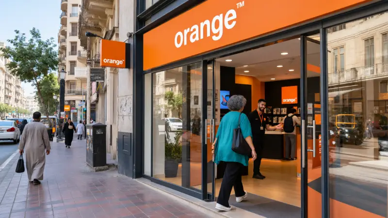 Woman entering a representative Orange mobile shop on a Cairo street.
