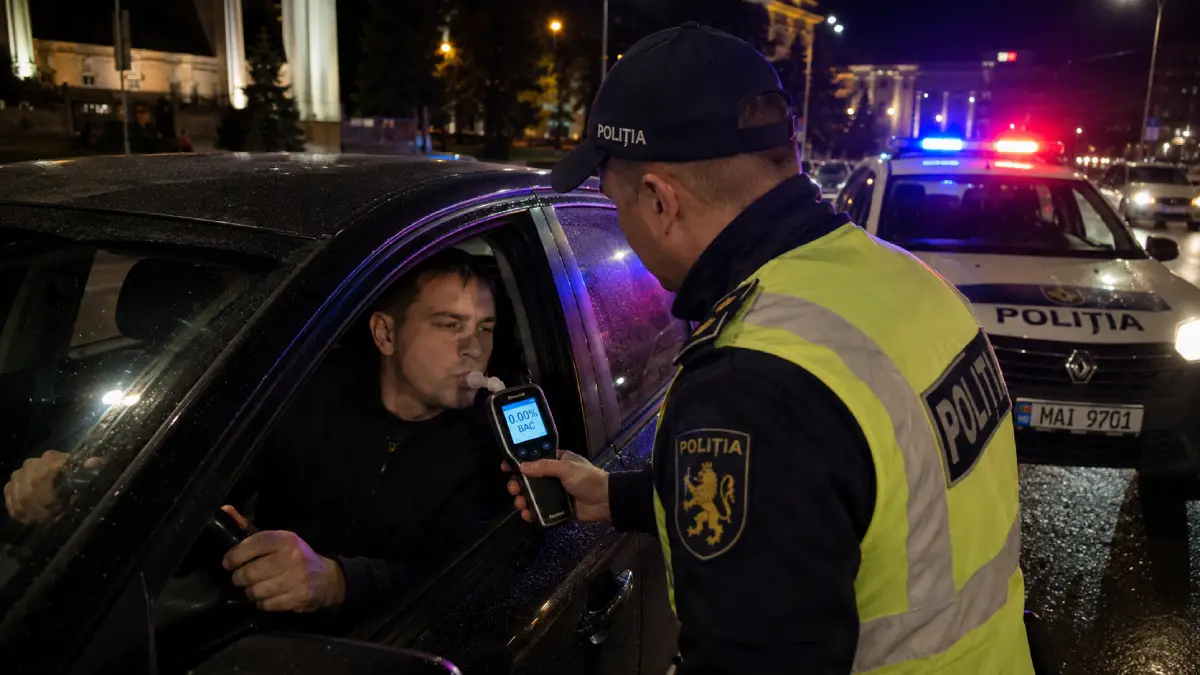 A police officer administers a breathalyzer test to a driver during a midnight roadside check in Moldova.