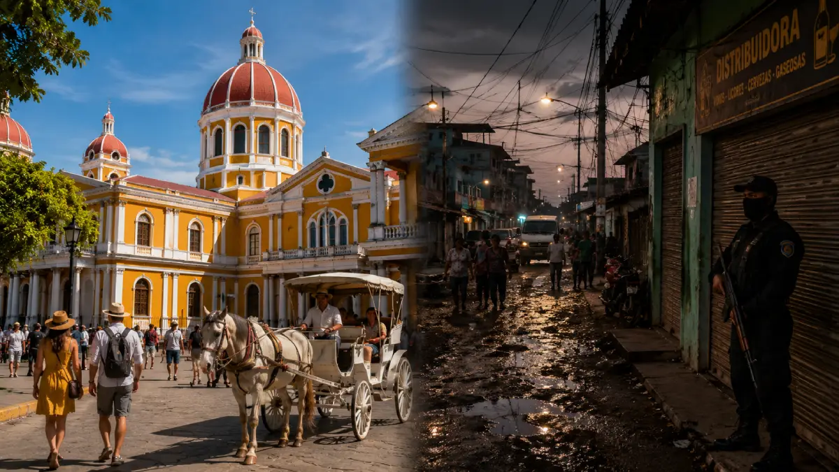 The image presents a contrasting composition: on the left, Granada's vibrant colonial cathedral and tourists (safe zone), and on the right, a crowded, poorly maintained, and dark street corner in Managua (risky zone).