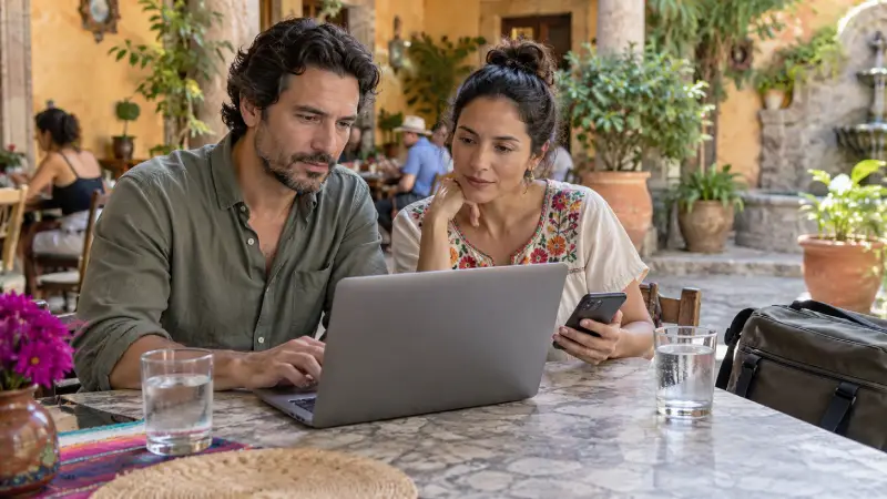 Couple reviewing travel arrangements on a laptop and phone at an Oaxaca courtyard café.