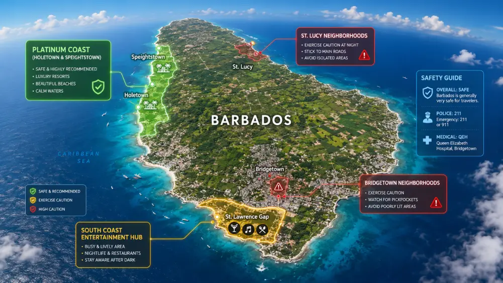 Aerial photo of Barbados with glowing digital map overlay distinguishing safe tourist zones from specific areas requiring caution in 2026.