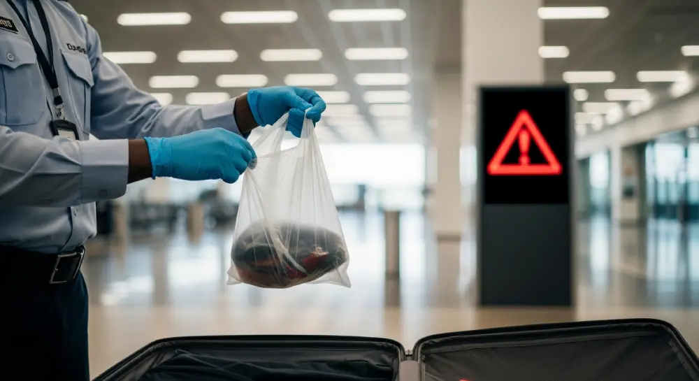 一名严格的肯尼亚机场海关官员正在没收一名游客行李箱中的非法塑料购物袋。