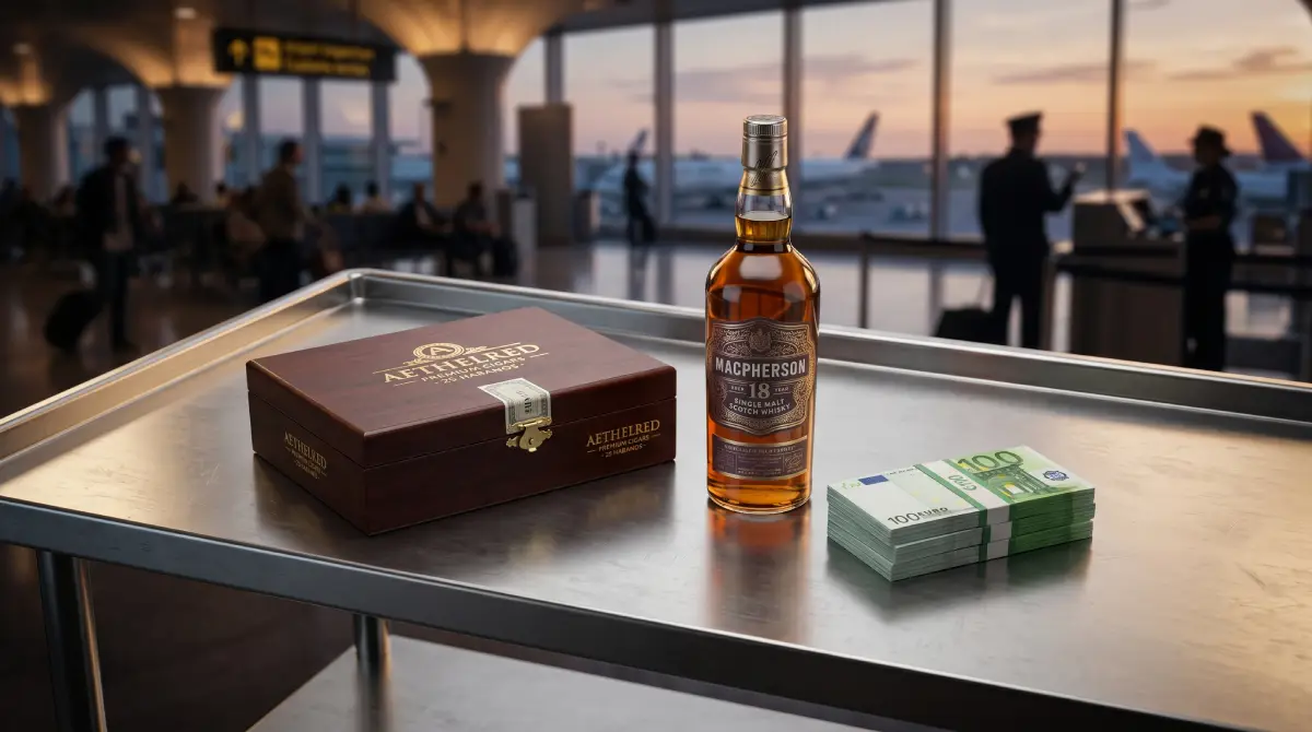 Allowed duty-free items including alcohol, tobacco, and cash arranged on a customs inspection table.