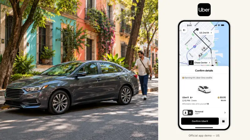 composite of a Mexico City pickup scene with Uber&rsquo;s official US ride-selection demo.