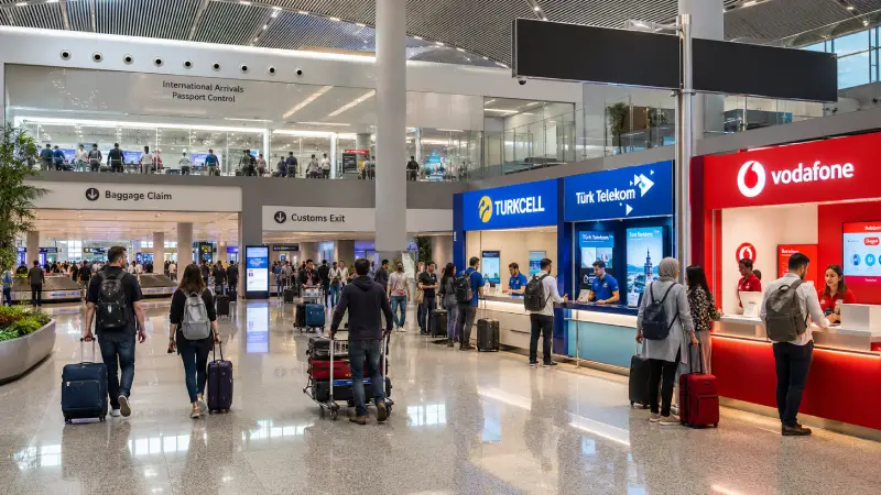 Travelers leaving customs and walking toward Turkcell, Türk Telekom and Vodafone SIM card counters in Istanbul Airport arrivals.