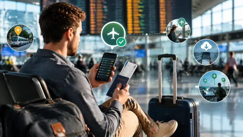 Traveler checking flight status and travel plans before heading to an airport affected by disruption in Colombia.