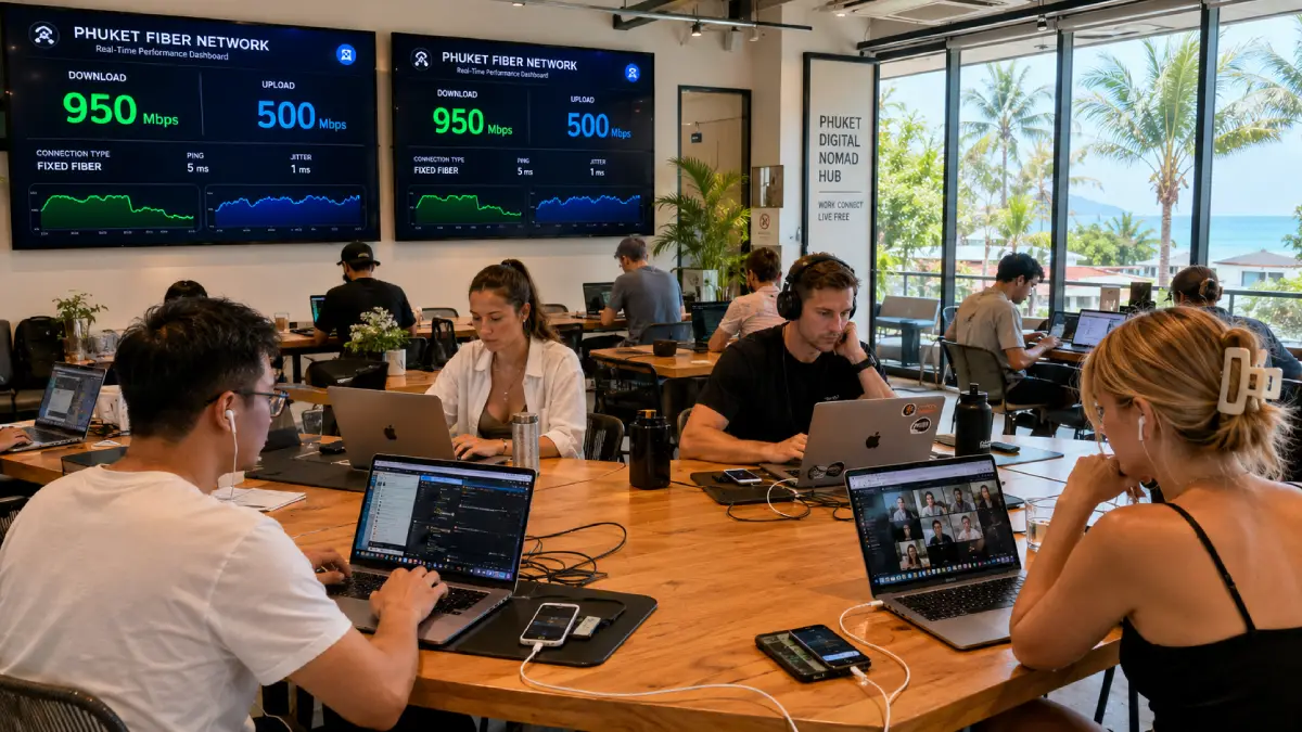Inside a modern Thai coworking space where wall-mounted screens display incredibly high-speed fiber internet benchmarks, while nomads work with laptop setups including dedicated mobile hotspot backups.