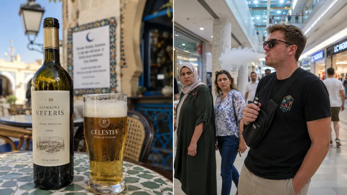 Eine visuelle Darstellung des eingeschränkten Alkoholkonsums und Vapens an öffentlichen Orten oder während des Ramadan in Tunesien.