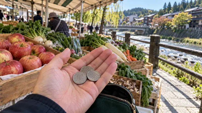 Hand holding Japanese yen coins beside a produce stall at Takayama’s riverside morning market.