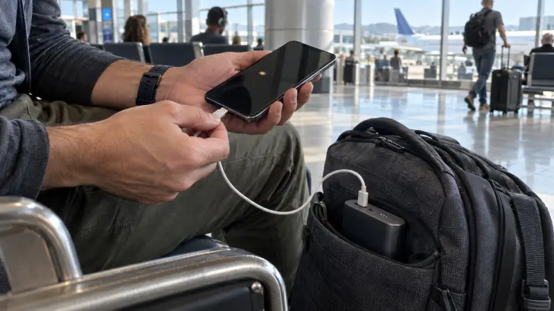 Viajante conectando um celular a uma bateria externa enquanto espera em um aeroporto.