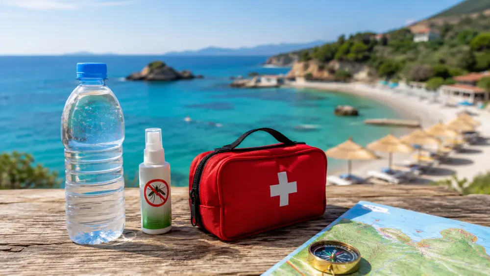 Eine versiegelte Wasserflasche, Mückenschutzmittel und ein kleines Erste-Hilfe-Set auf einem Tisch mit einem albanischen Strand im Hintergrund.